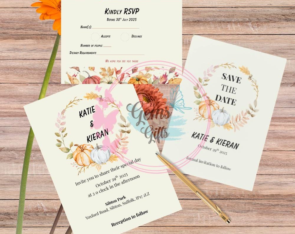 Autumn Wedding Invitation Set: Pumpkin Theme, Editable Print (Downloadable RSVP Included) - Save the Date
