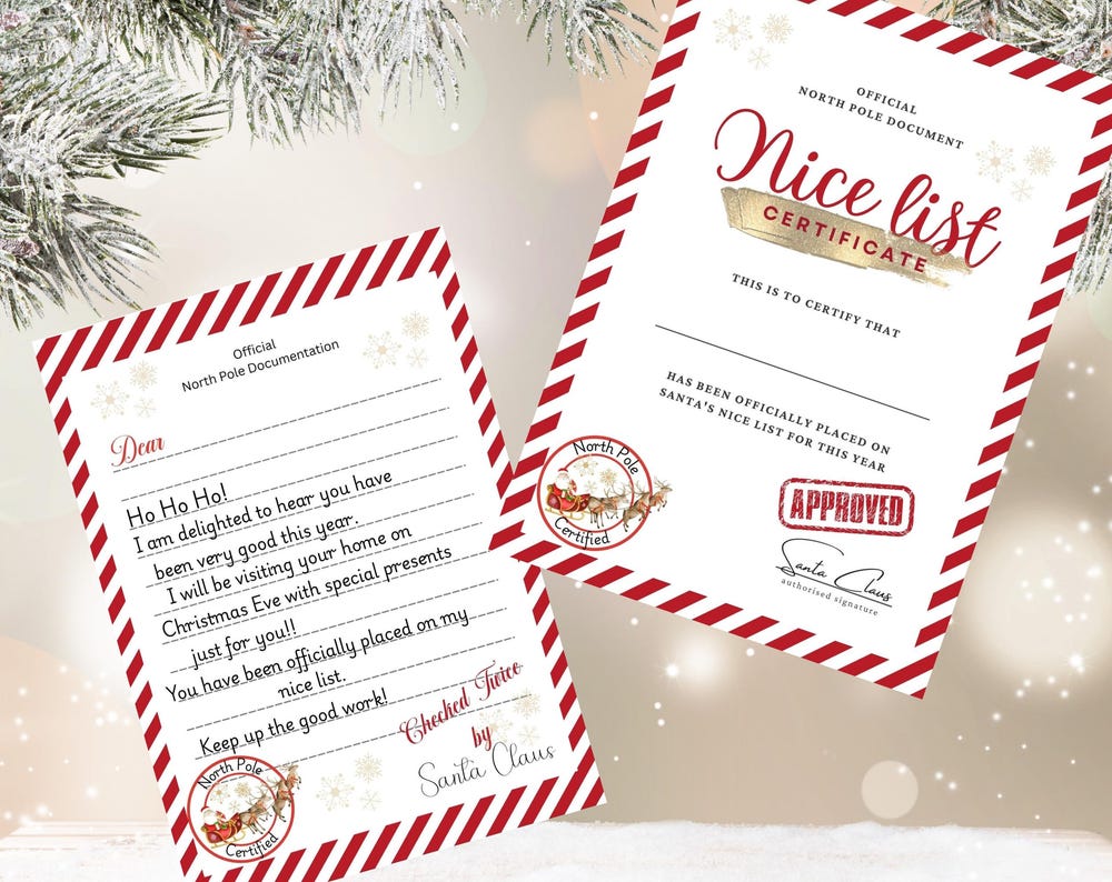 Nice list certificate and letter set - Red candy cane - Christmas bundle - Digital - Instant download