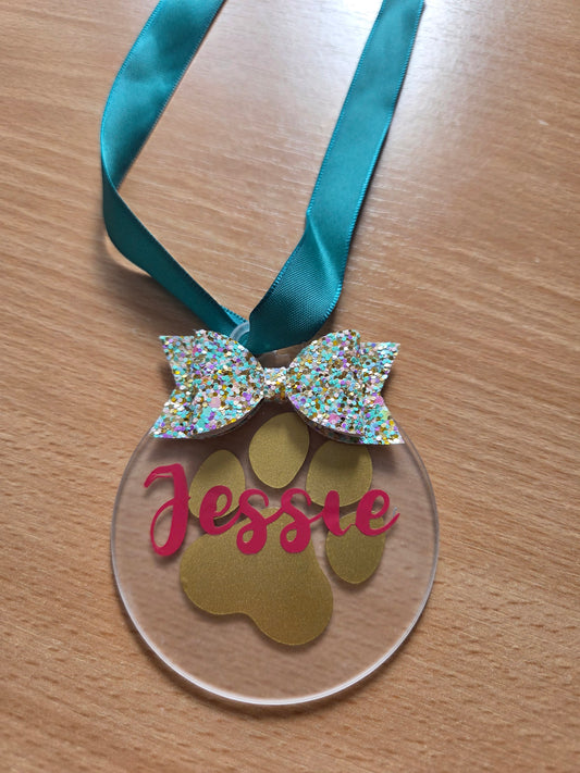 Christmas Pet Acrylic Bauble with bow and ribbon