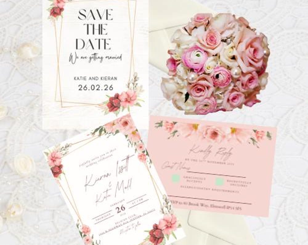 Editable Wedding Stationary Bundle, Save the Date, Invitation, RSPV, Printable, PDF, Pink Floral