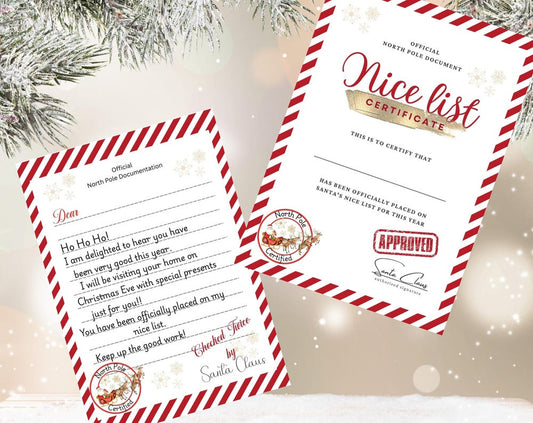 Nice list certificate and letter set - Red candy cane - Christmas bundle - Digital - Instant download